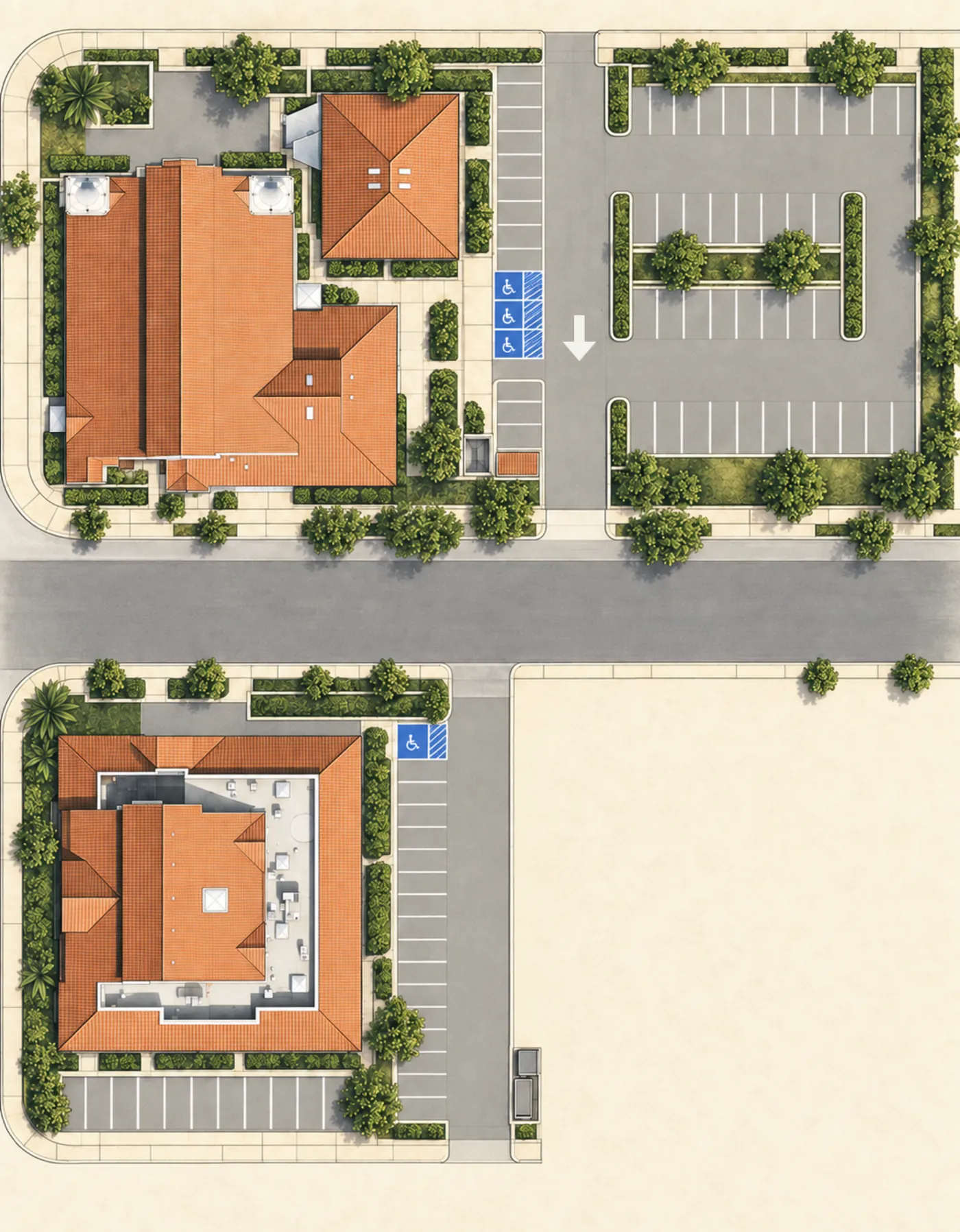 Plano de la parroquia. La iglesia está sobre la calle Anita. La entrada da a esa calle, y justo enfrente, sobre la banqueta, está la zona amarilla para dejar pasajeros. Del lado oriente de la iglesia, hacia el estacionamiento, están los baños y la oficina parroquial. El estacionamiento de la iglesia, de 50 lugares, queda más al oriente: se entra por la calle Anita y se sale por la calle Tremont, en un solo sentido. Cruzando Tremont, al sur, está el salón parroquial, con su entrada por el norte, los baños del lado poniente, la oficina de catecismo del lado oriente y 30 lugares más de estacionamiento a un costado y atrás. La escuela queda al poniente, la avenida Third al oriente y un callejón detrás del salón.