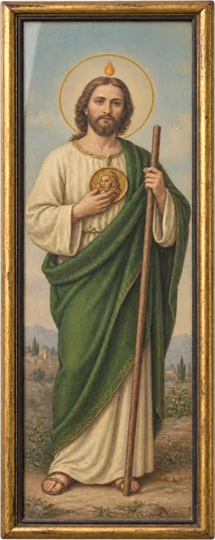 San Judas Tadeo con túnica verde, medalla de Jesús, llama y bastón.